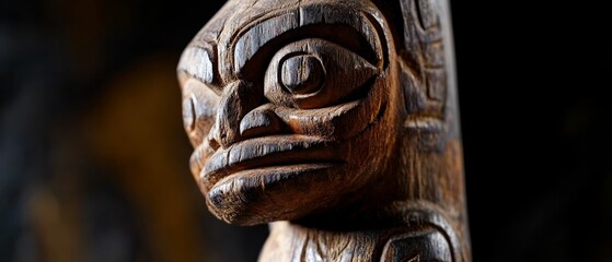 Carved wooden totem pole with a face detail against a dark background.