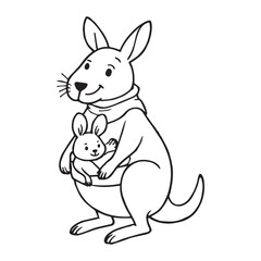 A vector illustration of a happy kangaroo holding a baby kangaroo in its pouch. The kangaroo has thick, black outlines and is drawn in a simple, but engaging style.