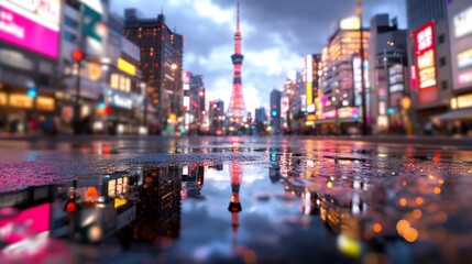 Obraz premium Rainy Tokyo street, tower reflection