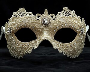 An ivory colored decorative mask with delicate lace and gemstones