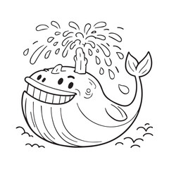A vector illustration of a happy whale with its mouth open, spraying a fountain of water. The whale has a wide smile and a few teeth visible.