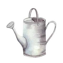 Metal watering can for watering plants. Gardening tools, hand drawn in watercolor, isolated on a white background. Illustration in vintage style. Water container