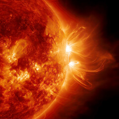 Obraz premium Explosive Solar Flares Erupting on the Sun's Surface in Deep Space. AI generative.