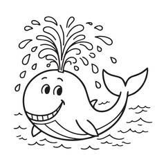 A vector illustration of a happy whale with its mouth open, spraying a fountain of water. The whale has a wide smile and a few teeth visible.