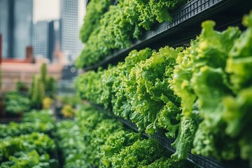 Lush green lettuce plants growing in a vertical garden setup