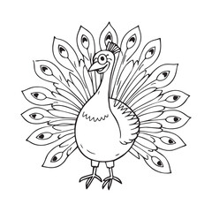 A delightful line drawing of a happy peacock spreading its tail feathers.