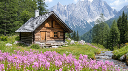 Fototapeta premium Serene wooden cabin surrounded by vibrant pink flowers and majestic mountains in a peaceful valley