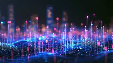 Obraz premium Data streams over undulating networks digital cityscape with light trails and futuristic networks.