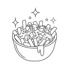 Vector bowl of loaded fries with melted cheese and toppings in clean black line art style with sparkles