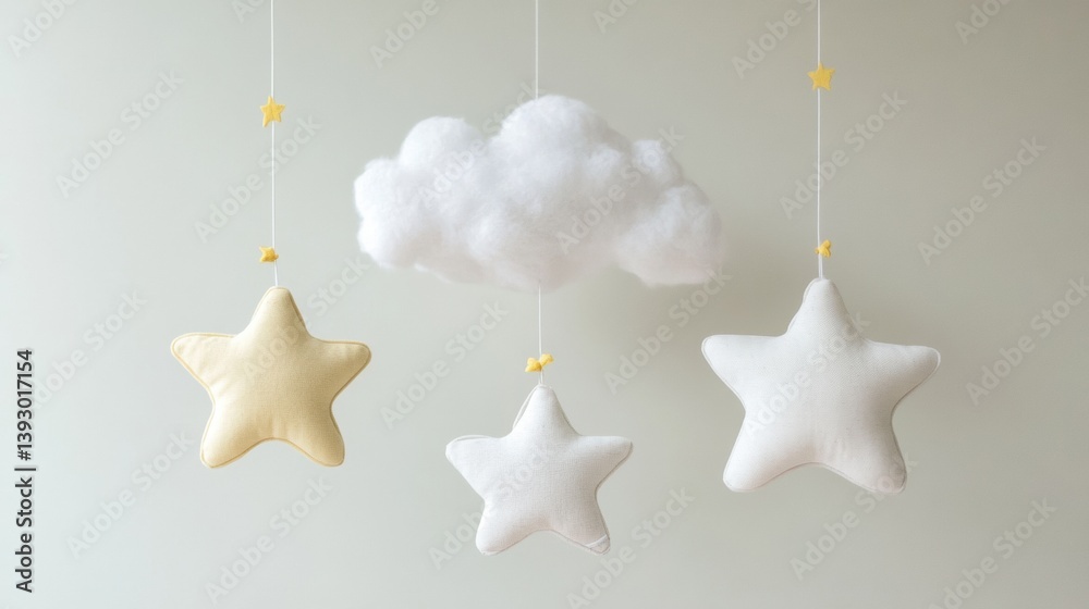 Aufkleber Delicate stars and cloud decor hanging softly from invisible strings in a serene nursery setting