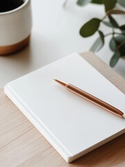 White notebook with a rose gold pen resting on top of it. the notebook is resting on a wooden surface, and there is a small plant with green leaves on the right side of the image.