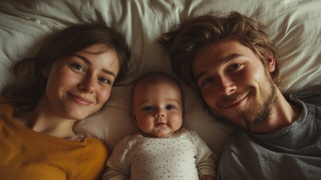 Family Portrait with Smiling Parents and Infant on Bed