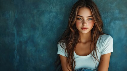 Naklejka premium Contemplative Young Woman with Long Hair Against Blue Background