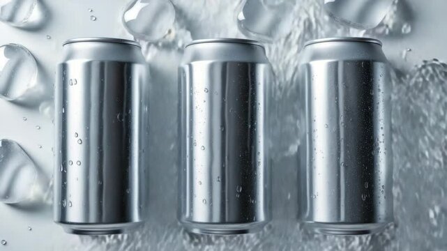 Aluminum cans positioned on a surface with ice and water droplets, seen from above.