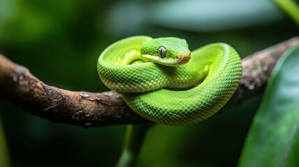 Obraz premium White-lipped pit Tree Viper (Trimeresurus albolabris). little green baby snake coiled around on a branch with natural green background in the garden.