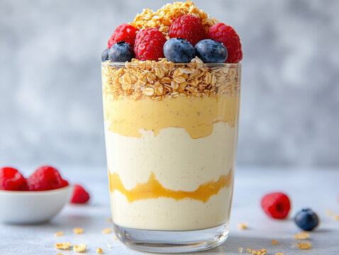  vegan yogurt parfait in a large glass. AI generative.