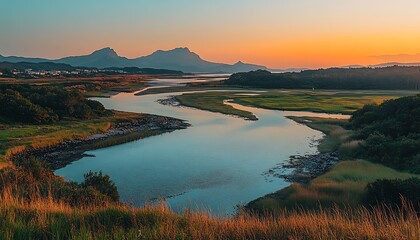 Scenic view of a river and surrounding mountains at sunset
