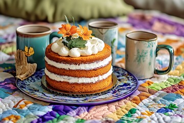 Bohemian Mother's Day setup with a spiced carrot cake and eclectic coffee mugs on a colorful, handmade quilt.
