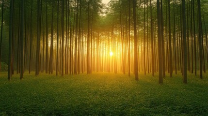 Fototapeta premium Golden Sunlight Piercing Forest