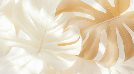 Obraz premium Monstera leaves in soft beige and cream tones with gentle light and shadow play