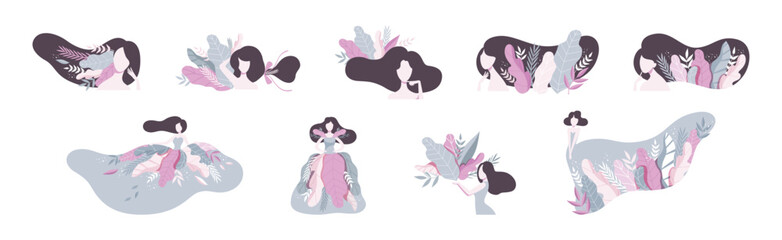 Young Woman in Lush Flowers and Foliage Enjoying Fresh Nature Vector Set