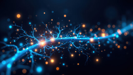 Fototapeta premium Vagus Nerve Stimulation visualized with sparkles and neural network patterns, illustrating electrical impulses along nerve fibers.