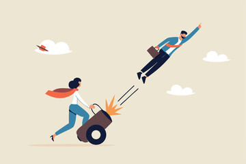 Coaching help boost career advancement, mentor or motivation to boost productivity, help or manager support for career development, entrepreneur launch, woman ignite cannon to launch businessman.