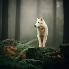Obraz premium Majestic Dire Wolf Standing in Serene Foggy Forest Landscape