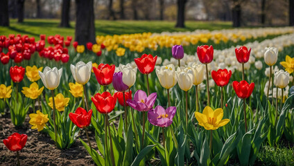 Colorful spring flowers like tulips and narcissus in bloom, creating a vibrant scene.