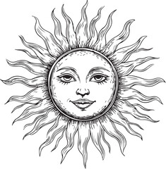 Sun with face engraving style vector illustration