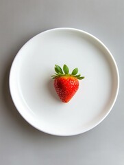 Close-up of a single strawberry on a white plate. the strawberry is in the center of the plate, with its bright red skin and green leaves still attached. the plate is round and has a smooth surface.