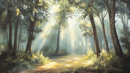 A peaceful forest scene with sun rays filtering through the trees, calming and serene 