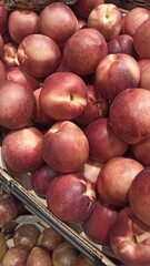 Ripe nectarines with smooth red and yellow skin displayed in a grocery crate. The image evokes freshness, summer harvest and healthy natural eating