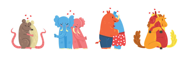 Animal Couple in Love Embrace and Hug Vector Set