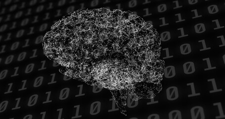 Spinning human brain against binary coding data processing on black background