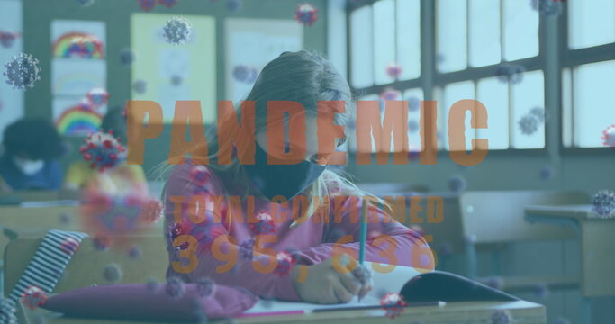 Pandemic text with increasing cases against school girl wearing face mask studying at school