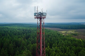 A tall red communication tower stands over a lush green forest area
