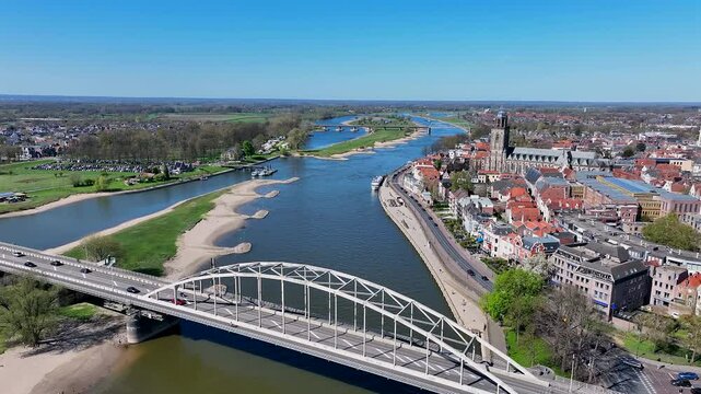 Aerial from the Wilhelmina bridge and the city Deventer at the river IJssel in the Netherlands