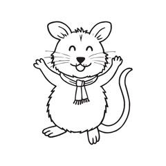 A black and white vector illustration of a happy opossum wearing a scarf.