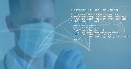 Dna structure spinning against male doctor tapping on syringe to remove air bubbles