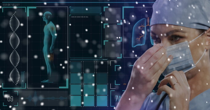 Dna structure spinning over female doctor adjusting her face mask against medical data processing
