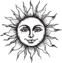 Sun with face engraving style vector illustration
