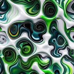 Green Blue White Swirls Seamless Pattern. Liquid Texture Background. Abstract Organic Shapes Wallpaper.