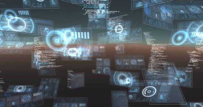 Image of data processing and scopes scanning on screen over glowing horizon - Powered by Adobe