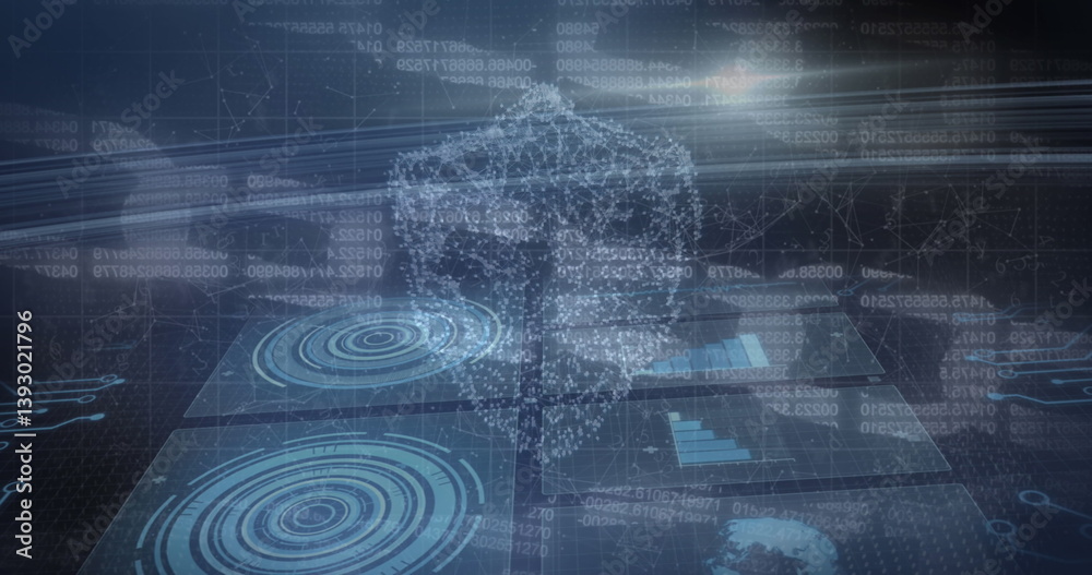 Poster image of online security padlock over screens of scopes scanning and data processing