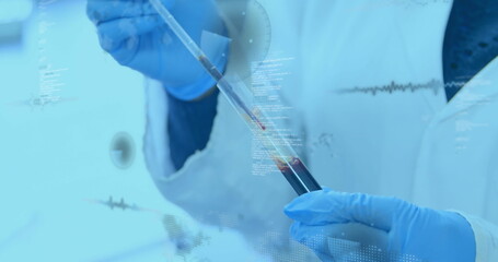Image of statistics recording and data processing over scientist holding test tube in laboratory