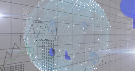 Image of globe with networks of connections, statistics recording and data processing