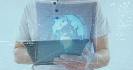 Image of screens with scope scanning and data processing over man using tablet