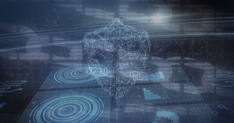 Image of online security padlock over screens of scopes scanning and data processing