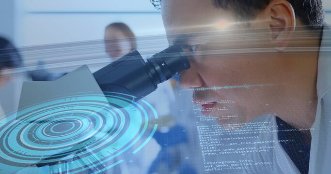 Image of scope scanning and data processing over scientist using microscope in laboratory - Powered by Adobe